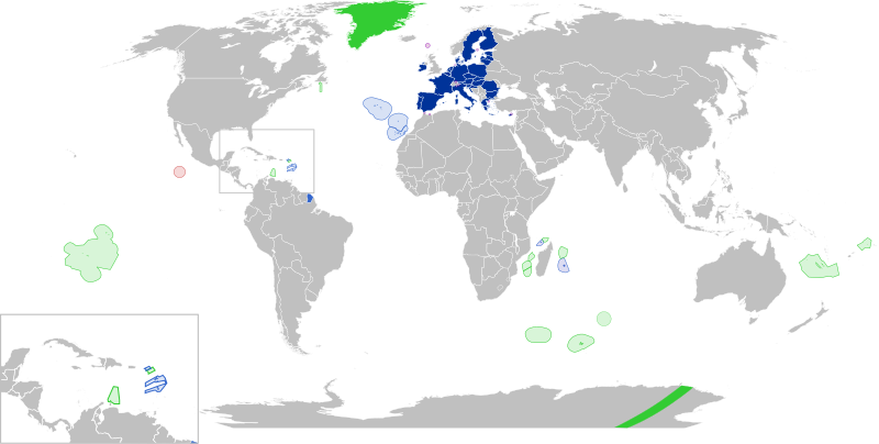 Map of the European Union in the world, with Overseas Countries and Territories (OCT) in green and Outermost Regions (OMR) in blue