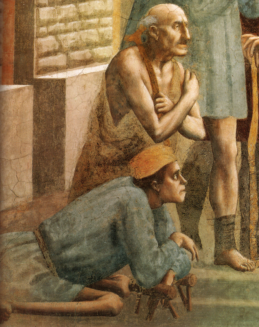 Masaccio, San Pietro risana con l’ombra (particolare degli infermi), fresco in de Cappella Brancacci, Santa Maria del Carmine, Firenze
