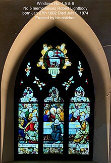 Stained glass window commemorating Robert Lightbody (1802-1874) at St Michael's Church, Garston Stained glass window where the middle panel commemorates Robert Lightbody.jpg