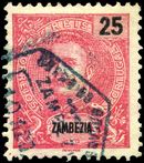 25-reis value of the King Carlos issue of 1898, along with the hexagonal postmark typical of the Portuguese postal system. Stamp Zambezia 1903 25r.jpg