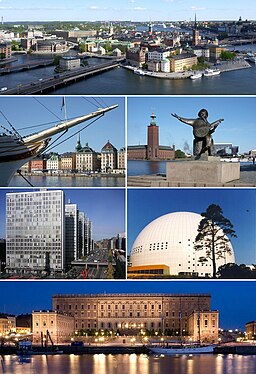 Överst, från vänster: Helgeandsholmen, Gamla stan, Riddarholmen, Skeppsbroraden, Stadshuset med Evert Taube, Hötorgsskraporna, Avicii Arena och Stockholms slott.