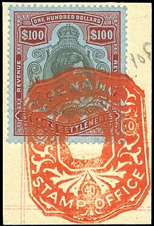 Straits Settlements $100 revenue stamp used in Penang in 1940. Straits Settlements 1938 $100 black and carmine on blue, tied to piece by complete Penang Stamp Office red cancel Barefoot 59..jpg