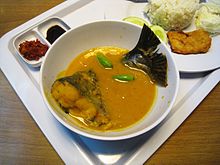 Tempoyak ikan patin a Palembang dish of pangasius fish in fermented durian sauce. Tempoyak Ikan Patin 1.JPG