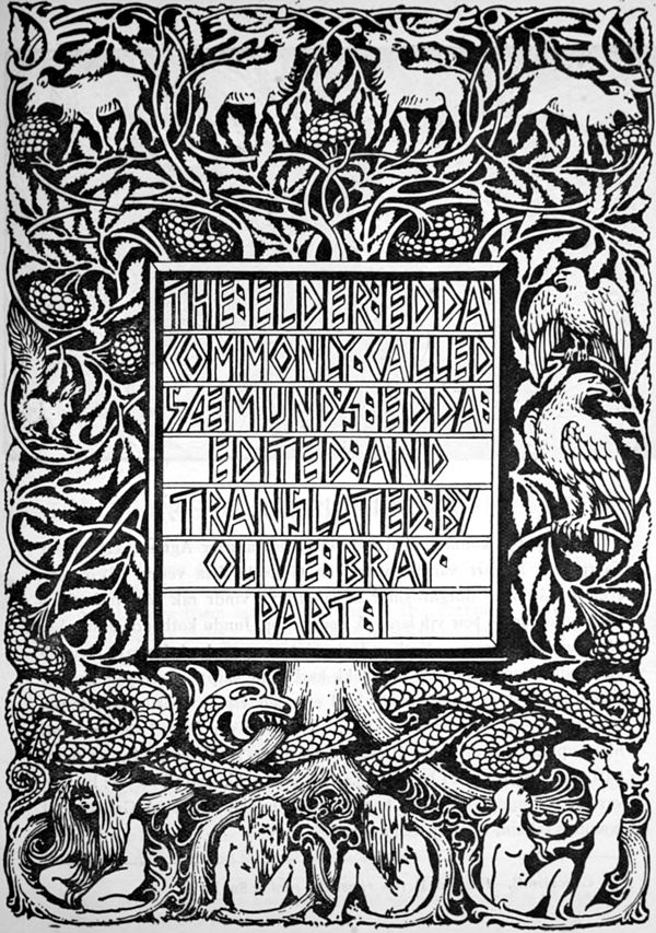 The title page of Olive Bray's English translation of Codex Regius entitled Poetic Edda depicting the tree Yggdrasil and a number of its inhabitants (