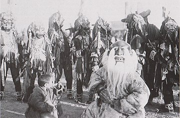 The last Great Khüree Cham- dance festival in Mongolia before organised buddhism was wiped out was organised in 1937. The central figure in the photo is the deity of the Old White Man, the most comic character in the cham.