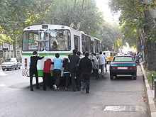 Pushing a Dushanbe trolleybus. Trolleybus in Dushanbe, Tajikistan.jpg