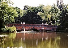 Tykes Water bridge crosses an artificial lake for ornamental effect. Tykes Water itself is only a few feet wide at this point. The bridge was used in the opening titles of the 1960s TV series The Avengers. Tykes Water bridge - geograph.org.uk - 432495.jpg