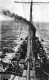 Looking aft from USS Finland's crow's nest on her foremast while the ship was underway at sea, c. 1918-19. USS Finland view from crow's nest.jpg