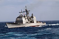 US Navy 030328-N-6264H-001 The guided missile cruiser USS Antietam (CG 54) underway in the rough seas of the East China Sea.jpg