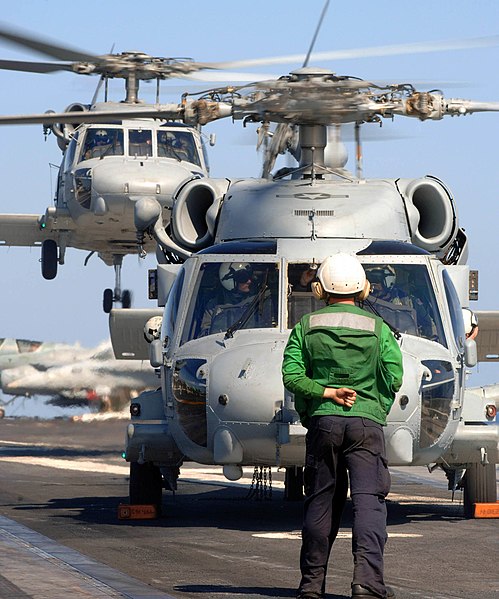File:US Navy 051016-N-5345W-037 A Landing Signal Enlisted, assigned to the Dusty Dogs of Helicopter Anti-Submarine Squadron Seven (HS-7), stands by as the pilots of an HH-60H Seahawk.jpg