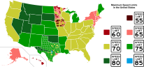 Maximum speed limits in the U.S. states vary by state from 60 to 85 mph.