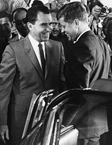 Kennedy (right) meets with Richard Nixon in Key Biscayne, Florida, on November 14, 1960 Vice President Richard Nixon Welcomes President-Elect John F. Kennedy to Key Biscayne, Florida A10-024-42-44-1 RN (1).jpg