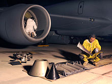 US Air force technicians disassemble and inspects the CFM56 fan blades of a KC-135, inspected every 1,500 hours. Visual inspection of compressor blades-090108-F-9919G-746.jpg