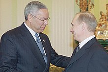 Secretary of State Colin Powell with Russian President Vladimir Putin in the Kremlin, 2001 Vladimir Putin 10 December 2001-3.jpg