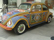 A Beetle decorated in the Huichol style of beading now on display at the Museo de Arte Popular in Mexico City