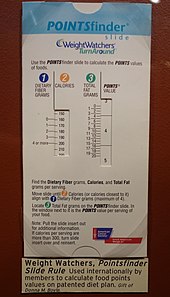 A Weight Watchers sliding ruler to track food points to ease calories restriction targets. Weight Watchers, Pointsfinder Slide Rule - MIT Slide Rule Collection - DSC03657.JPG