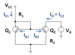 Figure 1: A version of the Widlar current source using bipolar transistors. Widlar Current Source.PNG