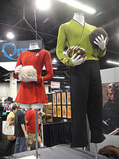 Lt. Uhura's red uniform and Captain Kirk's green shirt uniforms from the Original Series WonderCon 2012 - original series Star Trek uniforms.jpg