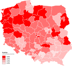 Votes for government coalition by constituency Wybory 1989 Koalicja wyniki okregi.png