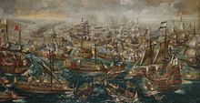 The Battle of Lepanto of 1571, by Andries van Eertvelt. Historian George Finaly stated that the number of the Greek in this conflict "far exceeded that of the combatants of any of the nations engaged". 'The Battle of Lepanto', painting by Andries van Eertvelt.jpg