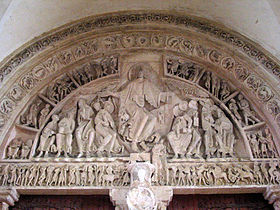 The tympanum of the inner portal of la Madeleine Vezelay has the scene of Christ in Majesty, at the Last Judgement. The figure of Christ is highly formalised in both posture and treatment. (1130s)
