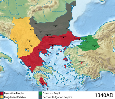 The Byzantine Empire in 1340 a year before the death of Andronikos III. 1340withKey.png