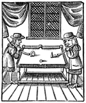 Engraving from Charles Cotton, showing a version of ground billiards played on a table.