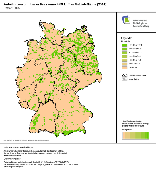 File:1 IÖR-Monitor Anteil unzerschnittener Freiräume 50 km² an Gebietsfläche 2014 Raster 100 m .png