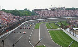 Cars in formation for a rolling start at the Indianapolis 500. 2007 Indianapolis 500 - Starting field formation before start.jpg