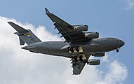 A US Air Force C-17 Globemaster III, tail 00-0171, on final approach to Kadena Air Base in Okinawa, Japan. It is assigned to the 176th Wing of the Alaska Air National Guard, and is originally from Joint Base Elmendorf–Richardson in Anchorage, Alaska.