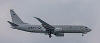 A US Navy P-8 Poseidon, tail number 168429, on final approach at Kadena Air Base in Okinawa, Japan.