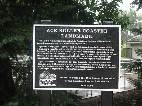 An ACE Roller Coaster Landmark Award plaque for Magnum XL-200, the world's first hypercoaster