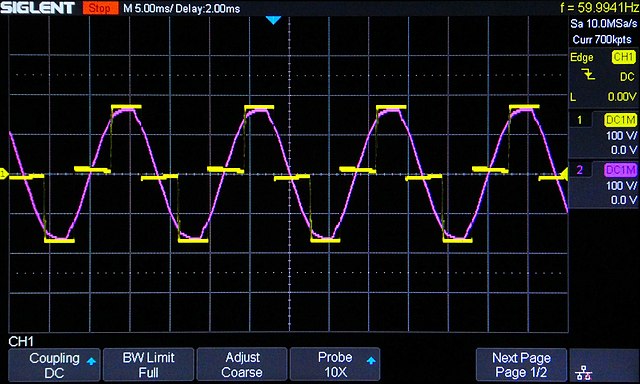UPS output waveform (yellow) compared to normal 120 VAC 60 Hz power waveform (violet)