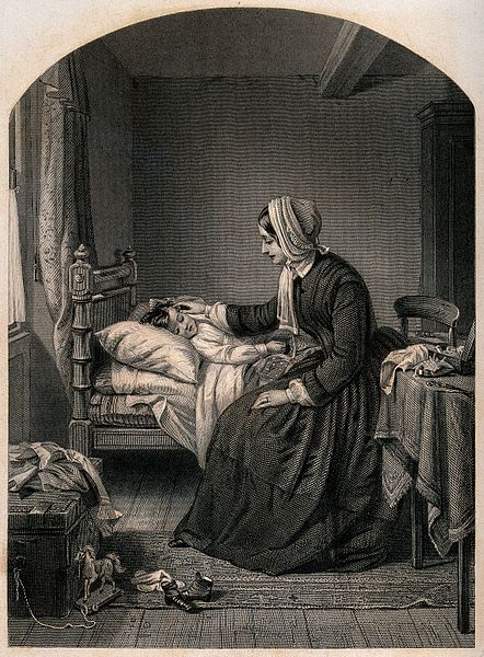 File:A mother sits by her child's bed stroking his face while he Wellcome V0038756.jpg