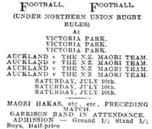 Advertisement for the Auckland v NZ Maori match at Victoria Park on July 10, 1909. Advertisement for Auckland v NZ Maori, July 10, 1909.png