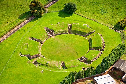 An aerial view of Caerleon's Roman amphitheatre site in 2005