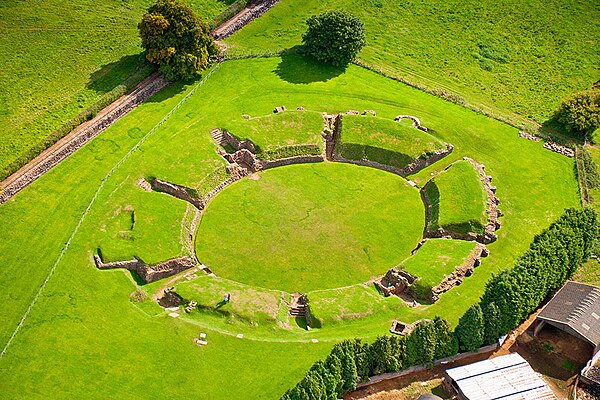 Aerial view of the amphitheatre at Caerleon.