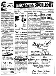 Front page of Alaska's first African American newspaper, The Alaska Spotlight, from 1956. Alaska Spotlight 1956-07-28.jpg