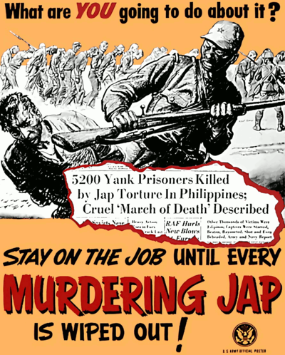 A propaganda newspaper clipping that refers to the Bataan Death March in 1942