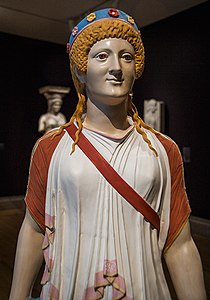 The Greek goddess w:Artemis. Color reconstruction of a 1st-century AD statue found in w:Pompeii. Reconstructed using analysis of trace pigments. It was an imitation of Greek statues of the 6th century BC.