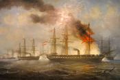 Bitva u Helgolandu podle Puettnera, vpředu hoří rakouská vlajková loď Schwarzenberg.