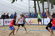 Deutsch: Beachhandball Europameisterschaften 2019 (Beach handball Euro); Tag 3: 4. Juli 2019 – Männer, Hauptrunde Gruppe I, Dänemark-Spanien 2:0 (23:20, 29:22) English: Beach handball Euro; Day 3: 4 July 2019 – Men Main Round Group I – Denmark-Spain 2:0 (23:20, 29:22)