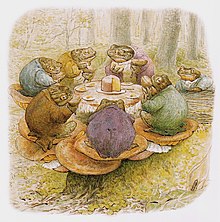 Potter illustration, "Toad's Tea Party", c. 1905, which appears in her Appley Dapply's Nursery Rhymes, 1917 Beatrix Potter 'Toads Tea-party' c.1905 Bk of Rhymes (1917).jpg