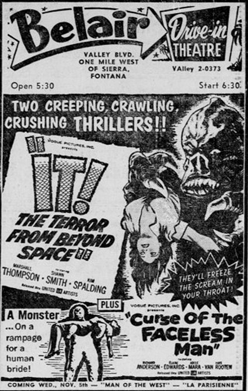 Drive-in advertisement from 1958 featuring It! The Terror from Beyond Space with companion feature, Curse of the Faceless Man.