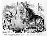 Holzstich. Der britische Löwe und der irische Affe (The British Lion and the Irish Monkey). Aus: Punch, 1. April 1848. Der Affe stellt den irischen Nationalisten John Mitchel dar.