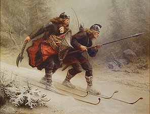 Sirvientes leales transportando al Príncipe Haakon IV de Noruega a un lugar seguro en esquís durante el invierno de 1206—representación de 1869 por Knud Bergslien.