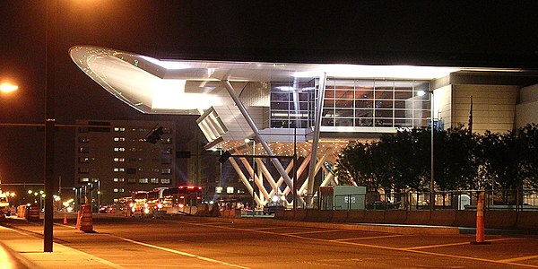 Boston Convention and Exhibition Center at night.