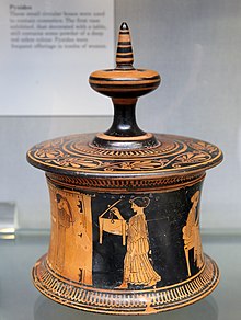 Photograph of a Greek pot, painted with a figure of a woman entering a house.