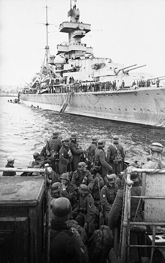 The German cruiser Admiral Hipper landing troops in Trondheim