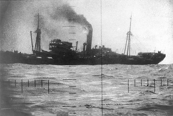 Periscope photograph of Japanese merchant ship sinking